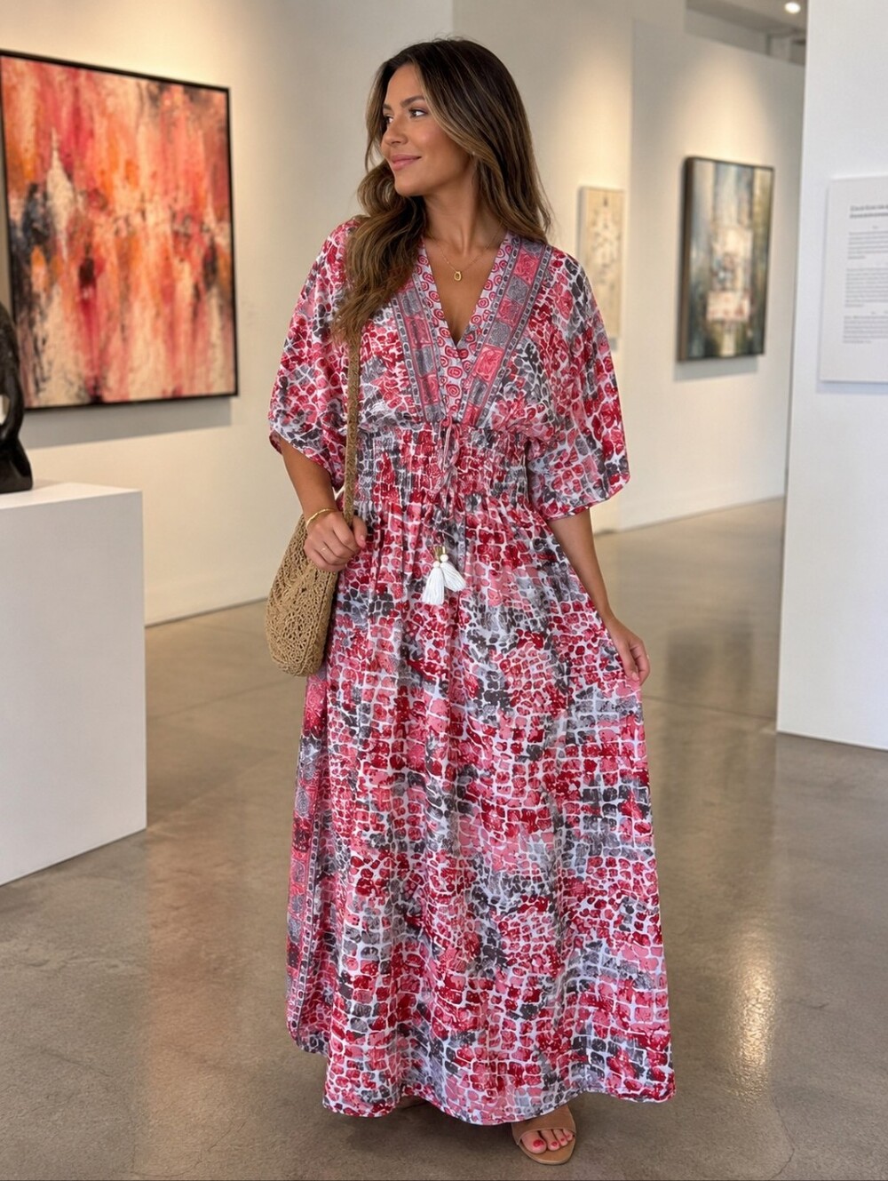 New MT Collection Silk Boho Maxi dress One Size Flowy Beachy Tassels  V-neck